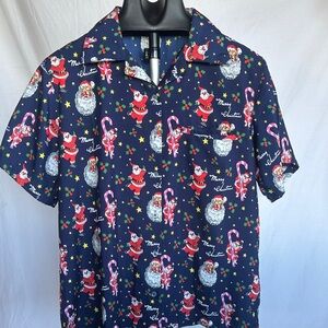 Women's Festive Christmas Aloha shirt. Navy blue